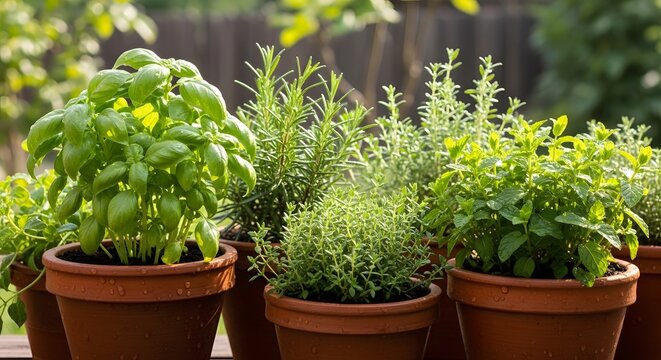 ow of green aromatic herbs in clay pots with water droplets. Home gardening kitchen herbs and sustainable healthy lifestyle concept.