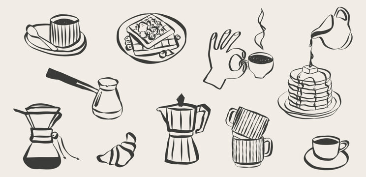 Charming breakfast illustration set with croissants, espresso cups and pastries. Line art doodles perfect for cafe menus, bakery posters or restaurant branding with retro charm