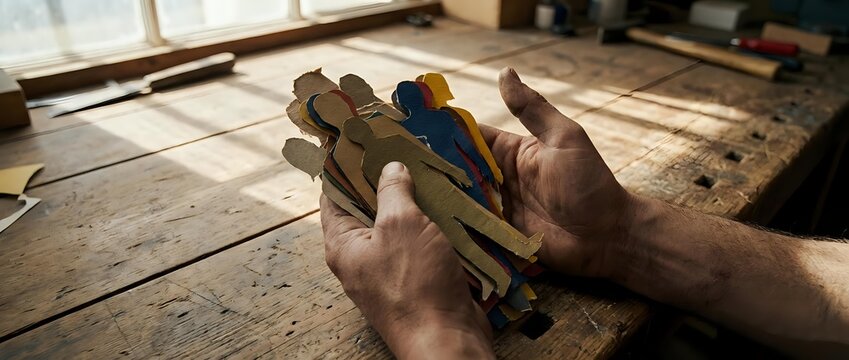 Craftsman hands holding vintage woodworking chisels in sunlit workshop. Traditional carpentry tools for furniture making and restoration projects.