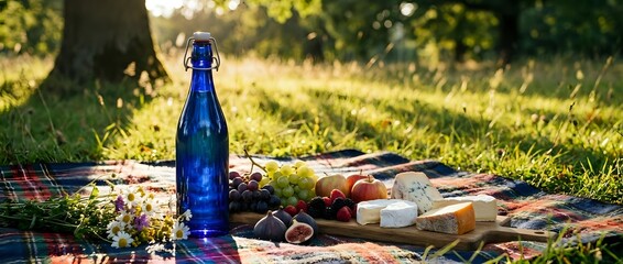 Obraz premium Outdoor picnic setup with blue bottle, fresh fruits and cheese on wooden board over checkered blanket in sunny park setting for leisure dining.