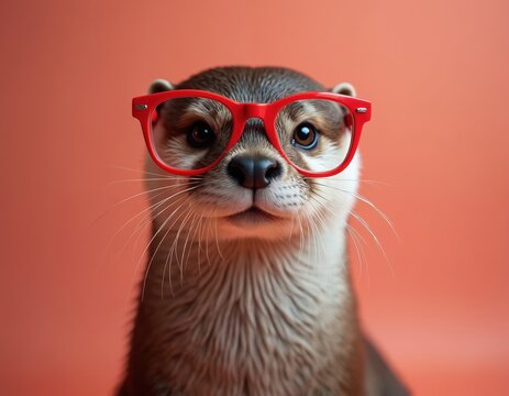 Otter wears red glasses. Animal has serious face, sits on orange background. Cute otter looks intelligent, ready for business. Needs eyewear