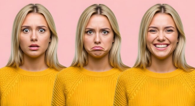 Young Blonde Woman Displaying a Range of Emotions: Happy, Sad, and Surprised Facial Expressions on Pink Background