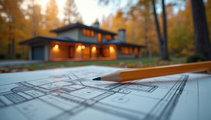 Plakat House blueprint with pencil on paper near modern home in autumn forest. Architect plans new building. Design construction process. Real estate development.