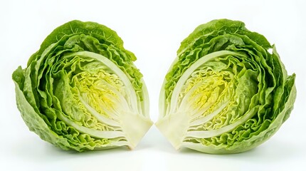 Fototapeta premium Fresh green cabbage cut in half showing detailed inner layers and crisp texture on white background isolated for healthy cooking and nutrition concepts.