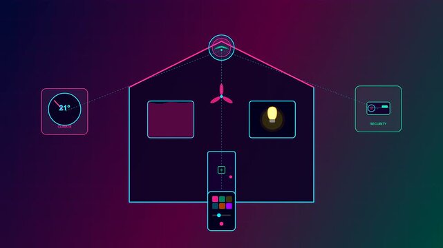 This futuristic neon interface demonstrating smart home automation monitors temperature fluctuations and device status across a stylized architectural blueprint with a digital mobile controller