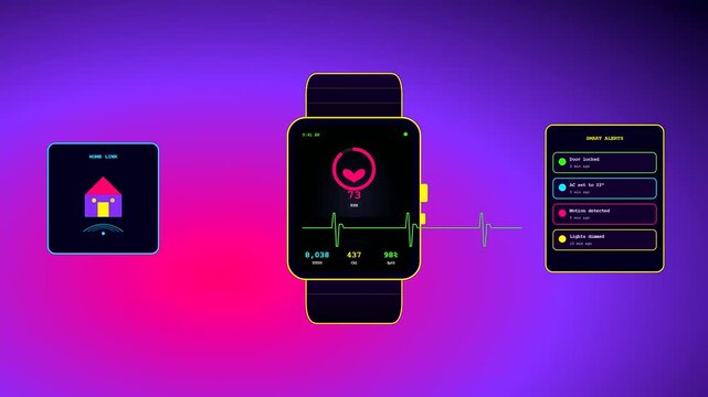 An innovative smart home automation interface displayed on a futuristic wearable device showing real time health metrics and digital security alerts against neon gradients