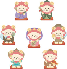 Obraz premium 年賀2027年 年賀状 素材 未年 ひつじ 七福神 セット 正月 縁起物 かわいい イラスト素材