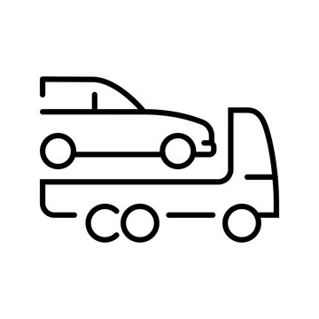 Tow truck icon. Transport and towing service line symbol. Black and white.