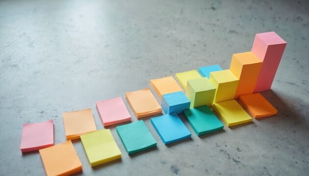 Colorful paper notes stacked like bar graph on concrete. Growth concept showing progress, data analysis and financial planning. Business idea for planning and strategy.