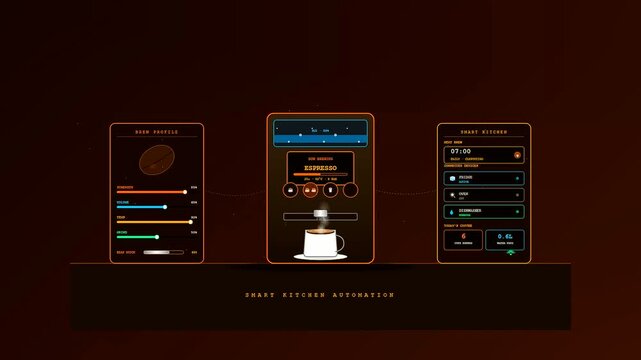 A sophisticated interface for Smart Home Automation showcasing a futuristic coffee maker control panel with sleek orange accents and intuitive digital beverage brewing options