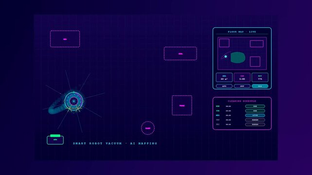 Conceptual motion graphics depicting smart home automation through an autonomous vacuum robot navigating a neon digital grid with a sophisticated holographic mapping interface dashboard