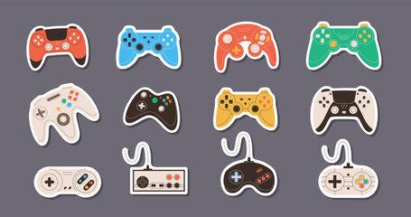 Retro flat sticker gamepad collection with videogame controller, y2k joystick and gadget. Colorful console and video game sticker pack, ideal for entertainment vintage themed designs. © Moonnoon