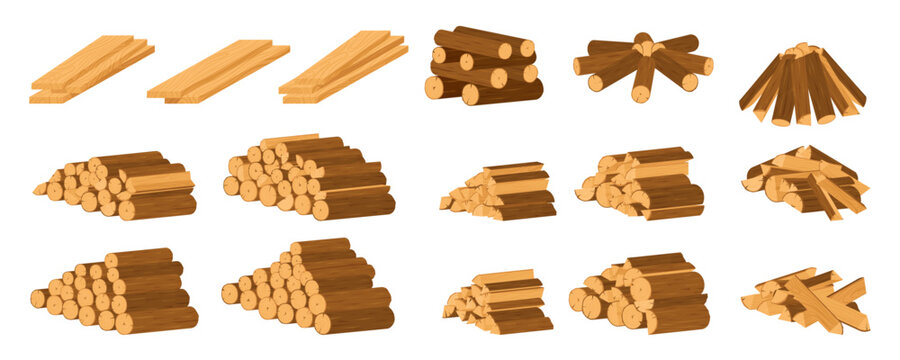 Flat brown wood log stack set in warm yellow and brown tone. Wooden firewood pile and split tree trunk bundle form tidy woodpile group. Campfire fuel stack icon collection for nature camp or lumber