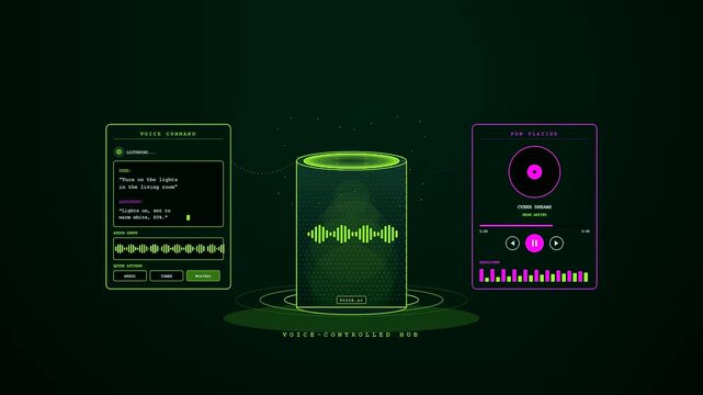 A futuristic interface for smart home automation features neon glowing holographic panels and a voice controlled hub shifting through vibrant emerald and violet hues