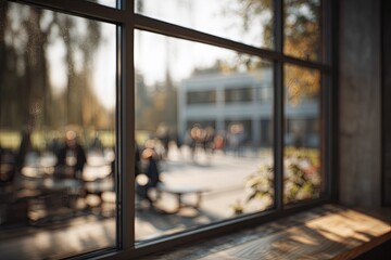 Fototapeta premium A blurred view of an outdoor area is framed by a large window with a dark frame, creating a soft and slightly mysterious atmosphere.