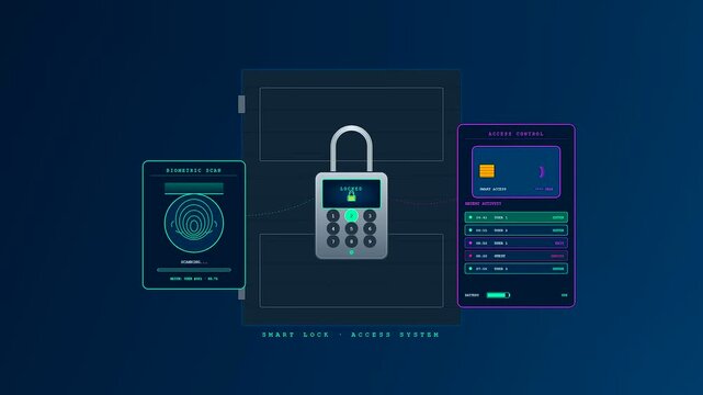 An intricate digital interface demonstrating smart home automation through a biometric fingerprint scan and a sequence of electronic locking mechanisms for enhanced residential security