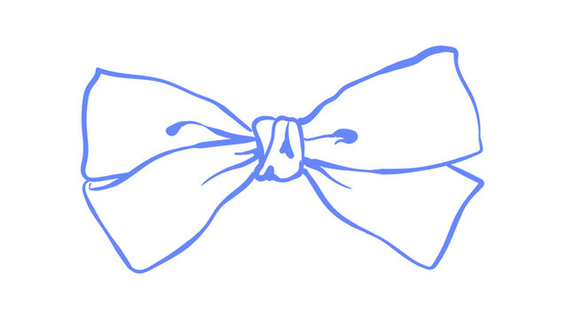 Cute blue coquette bow icon. Soft ribbon knot as gentle bow sketch. Minimal line doodle outline for cafe card or birthday invitation and cozy party menu. Simple decorative element in hand drawn style