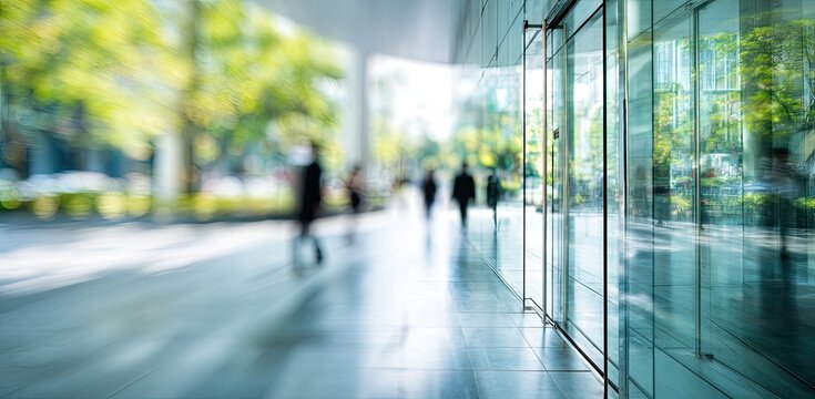 A blurred perspective captures a modern building's entrance with people walking by, showcasing a blend of urban architecture and natural greenery.