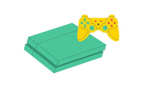 Retro Y2K game console and yellow controller illustrated in flat icon style. Classic 2000s videogame device and gamepad express electronic entertainment, modern pop concept with bold color.