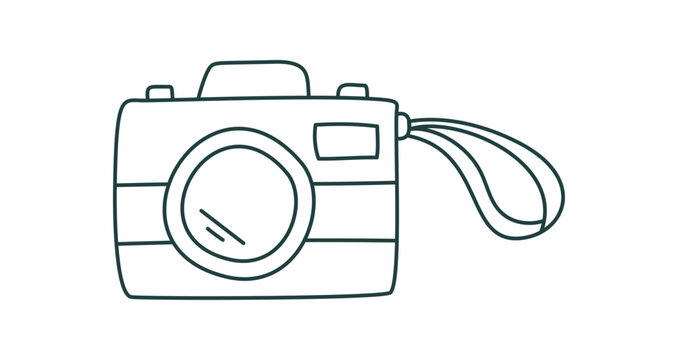 Minimal camera outline in doodle style. Simple travel icon for camp and outdoor scenes. Tourist gear symbol as adventure element. Clean line drawing with green tone, compact equipment detail, cute