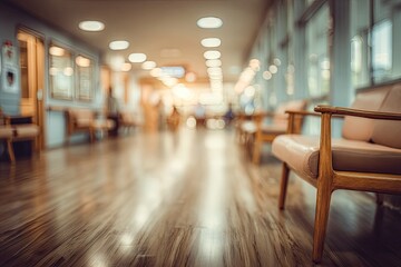 Fototapeta premium A softly lit hospital hallway stretches into the distance, featuring wooden seating and a polished floor, creating a sense of calm and quiet anticipation.