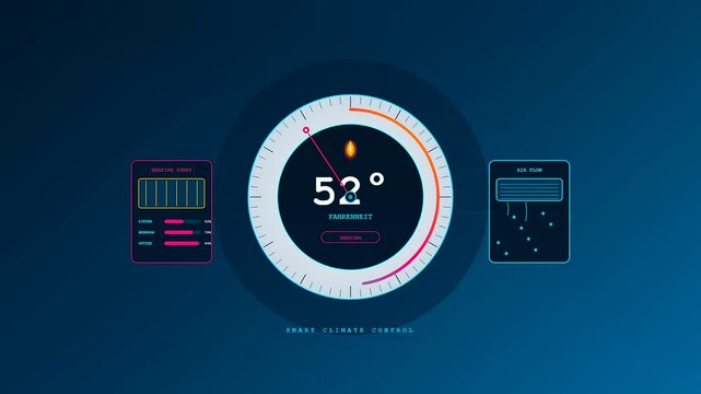 A sleek digital interface for smart home automation showcasing a dynamic temperature dial shifting between cooling and heating modes for precise climate control systems