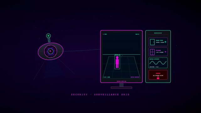 An advanced surveillance dashboard for smart home automation depicts a biometric eye scanning a glowing magenta silhouette moving across a neon cyan grid interface