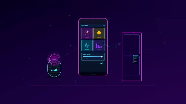 A sophisticated digital interface for Smart Home Automation exhibiting dynamic neon iconography and interconnected device controls on a dark futuristic purple background for modern interiors