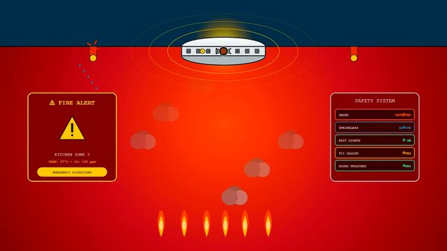 A sophisticated smart home automation system reacting to a kitchen fire by triggering emergency protocols including sprinkler activation and automated emergency services contact for safety