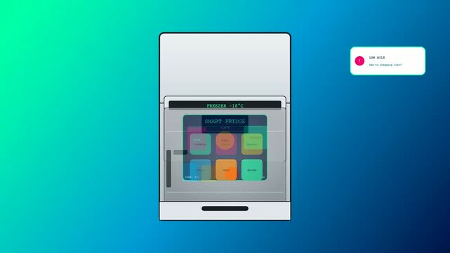 A modern vector animation showcasing smart home automation within a kitchen setting featuring an intelligent refrigerator that manages grocery inventory via a digital interface