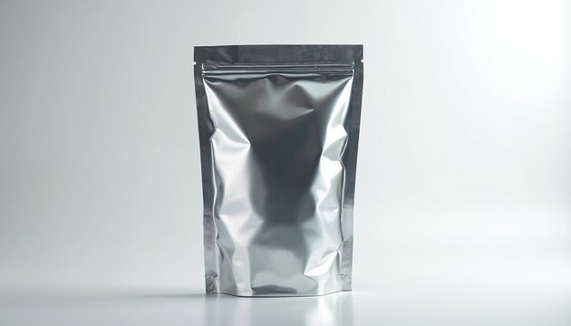 Crumped metallic pouch with zip closure. Shiny silver bag stands on white background. This empty container is suitable for food or product packaging mockups.