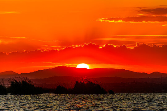 Precioso recorrido en barca en la albufera de Valencia con el atardecer de fondo	
