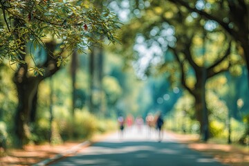 Obraz premium A blurred, serene image captures a pathway through a lush, green forest with dappled sunlight filtering through the trees, creating a peaceful and dreamlike atmosphere.