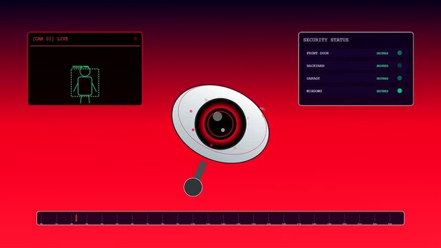 An advanced smart home automation interface showcasing a rotating robotic ocular lens monitoring perimeter security through a futuristic digital display set against vivid crimson