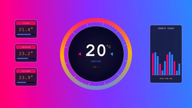 An intuitive smart home automation interface exhibiting dynamic temperature shifts and real time energy consumption statistics through a sleek neon futuristic dashboard layout for modern living
