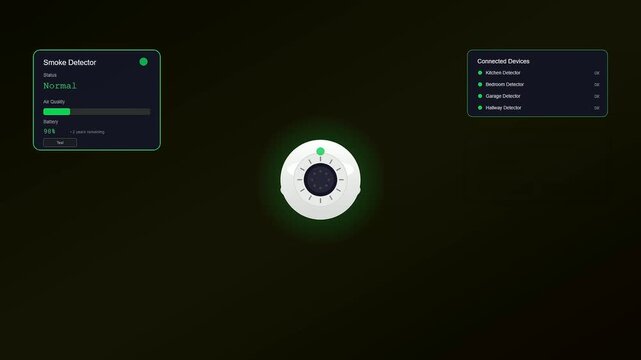 An advanced smart home automation system demonstrates a smoke detection event with digital alerts transitioning from a safe green state to a red emergency alarm