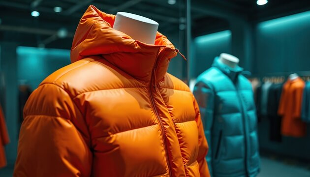 Mannequins wear puffer jackets in bright orange and teal colors. Clothes are displayed on racks inside a modern retail store. Apparel for sale in boutique.