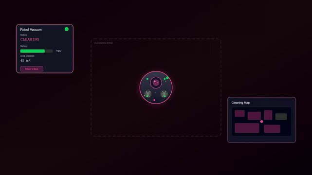 Futuristic digital dashboard for smart home automation exhibiting a robotic vacuum cleaner traversing a spatial map with neon holographic telemetry and real time data