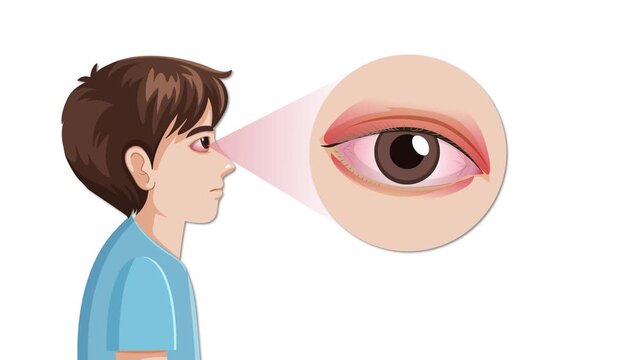 Animation of young boy with red eye inflammation using medical liquid drops for treatment.