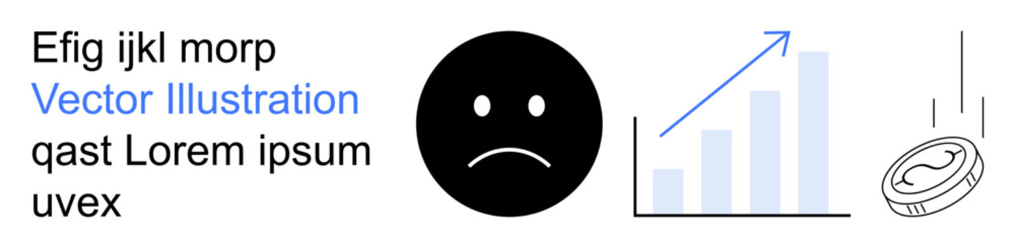 Financial crisis, economic decline, loss, investment risks, downturn, market analysis. Sad face with downward arrow and falling coin. Financial crisis and economic decline concept