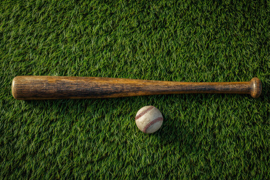 A classic wooden baseball bat and well-used leather ball resting horizontally on fresh green grass during an outdoor sports practice session or game day