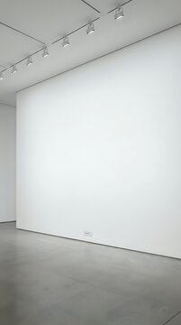 Empty white gallery wall with track lighting system and concrete floor for art exhibition display space.