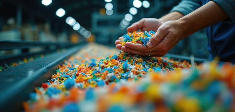 Hands hold colorful shredded plastic waste. Worker sorts plastic granules at recycling factory. Industrial process transforms rubbish into new materials. Ecology and reuse are important.