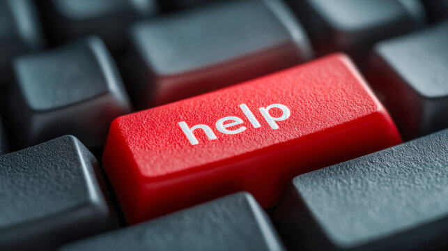 Red help key button on a black computer keyboard symbolizing urgent assistance and support in the digital and technology environment concept
