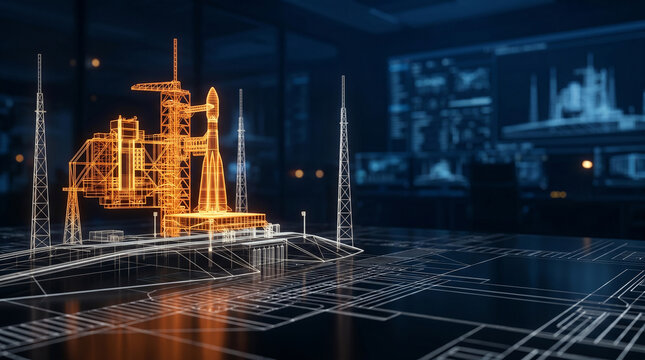 Futuristic holographic blueprint of a rocket launch complex in a high-tech control room environment