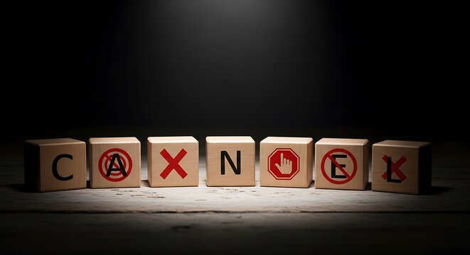 Wooden blocks spelling out cancel arranged on a textured surface