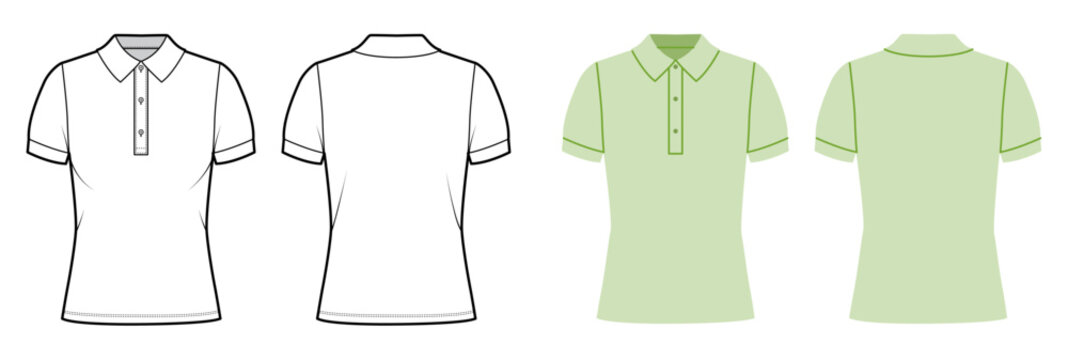 Classic polo shirt with button placket, structured collar short sleeves with fitted silhouette and clean lines. Technical fashion illustration in black and white color, front and back views. Vector