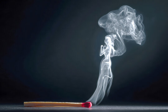 A creative visual of a burnt matchstick with smoke rising and swirling into the shape of a dancing woman against a dark background for artistic concept photography