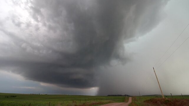 A supercell thunderstorm produces rain and hail as it approaches in this time lapse footage.