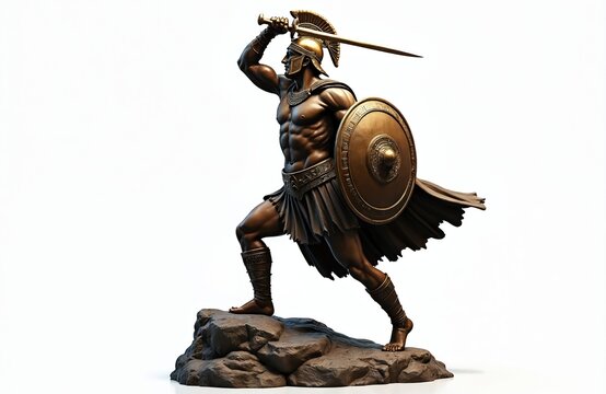 Bronze sculpture of a Greek warrior with sword and shield on rocks. Figure poised for battle in dynamic combat pose. Strong muscular man wears ancient armor.